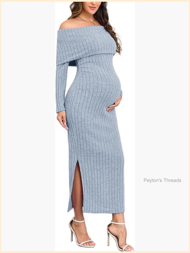 Off-Shoulder Maternity Sweater Dress Rib Knit Long Sleeve Side Slit